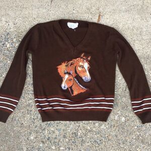 Vintage CYN LES Brown Horse Embroidered Sweater